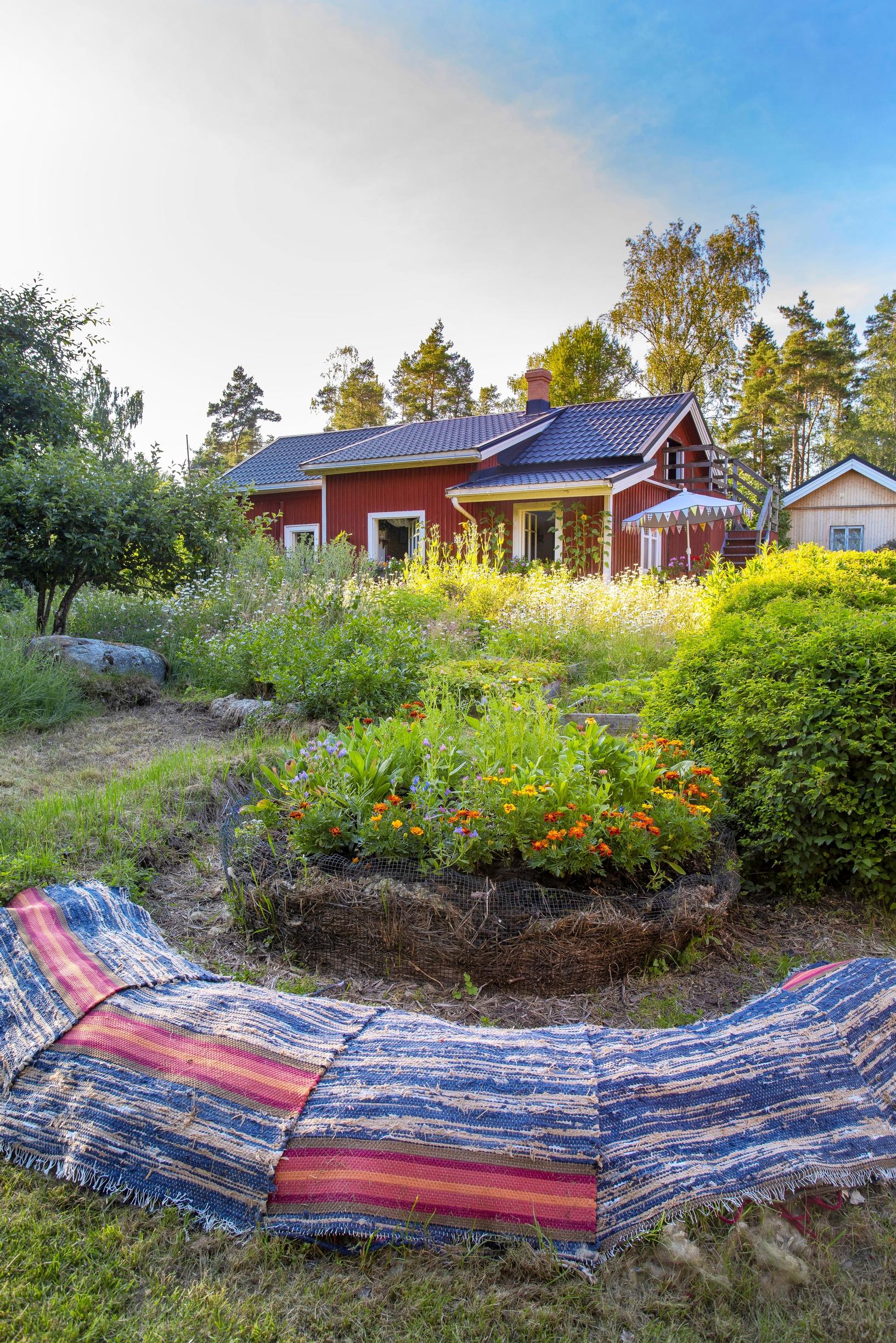 A summer flower bed with a rag-rug border.