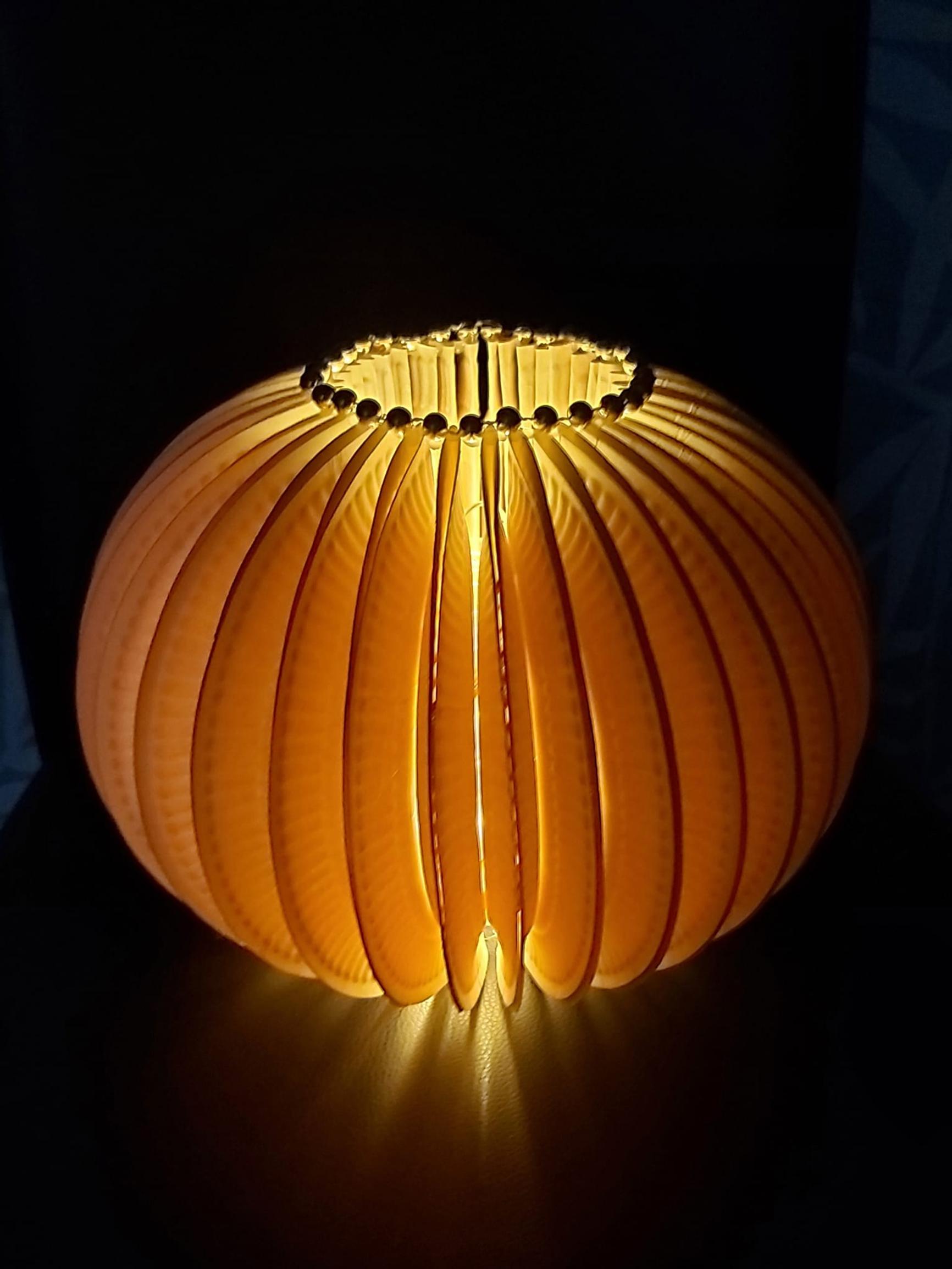 A lantern made from paper plates, its rim decorated with a string of beads