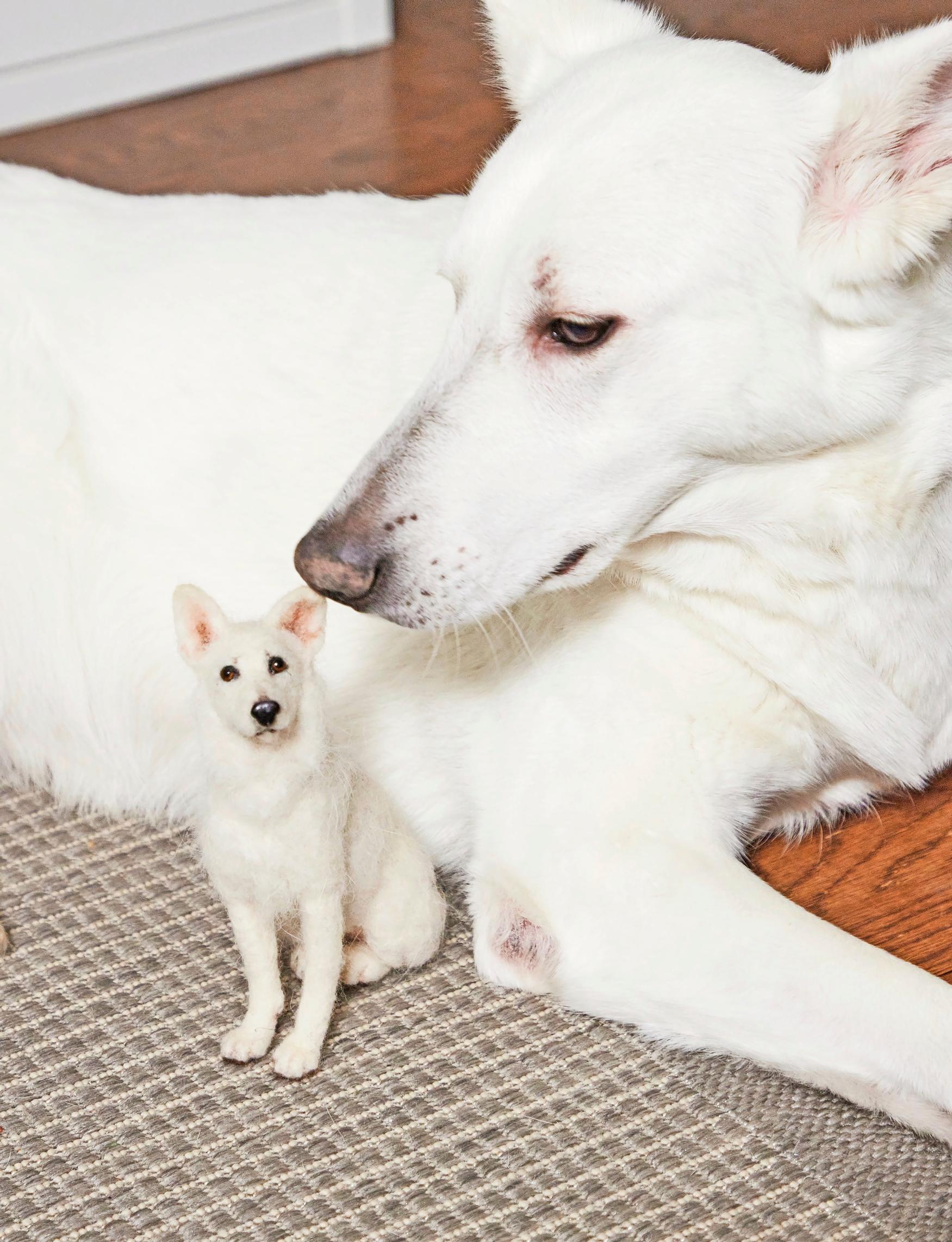 A miniature felted dog and the real dog that served as its model