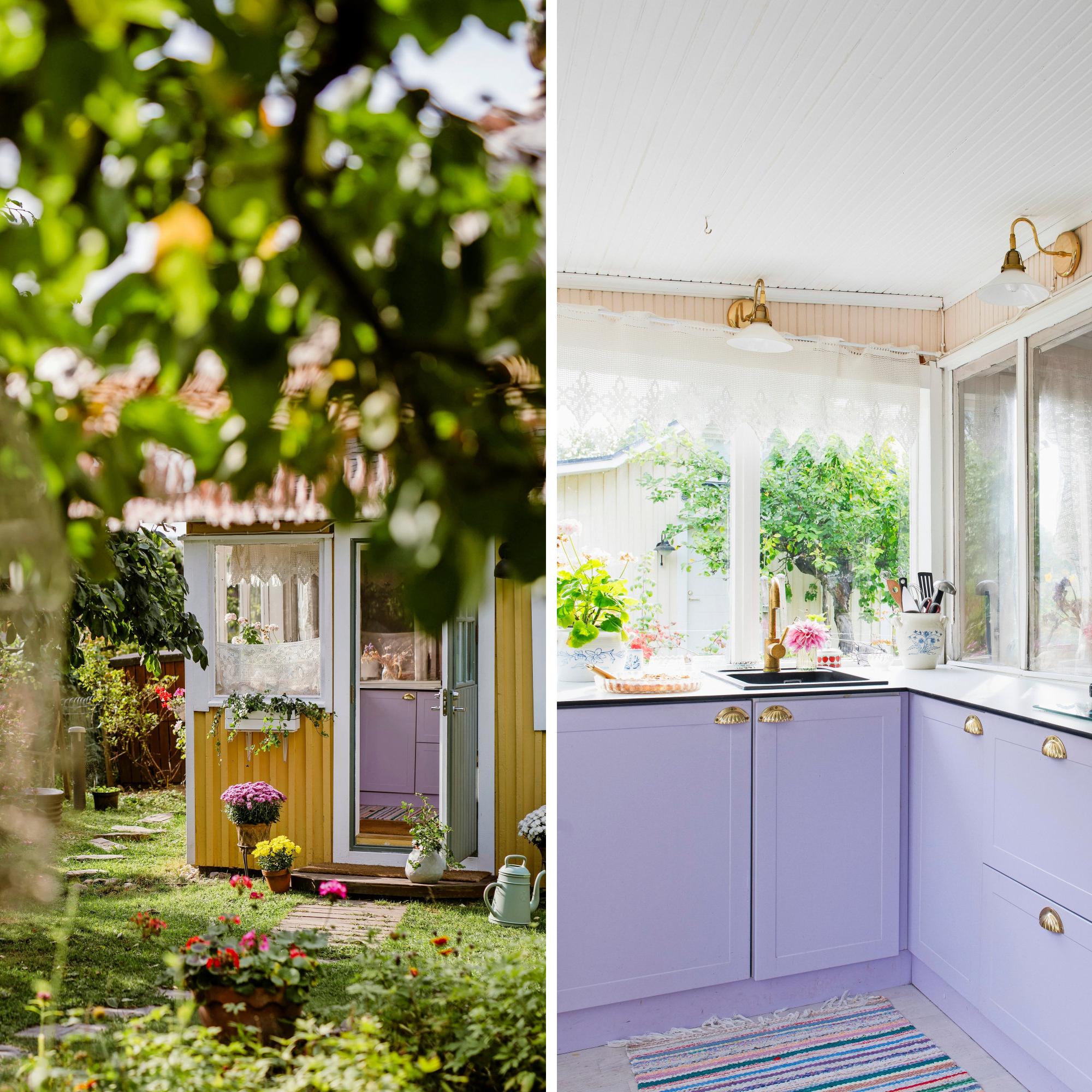 Inside Jessica’s enchanting allotment garden cottage with a lilac kitchen: “My style here is softer than at home”