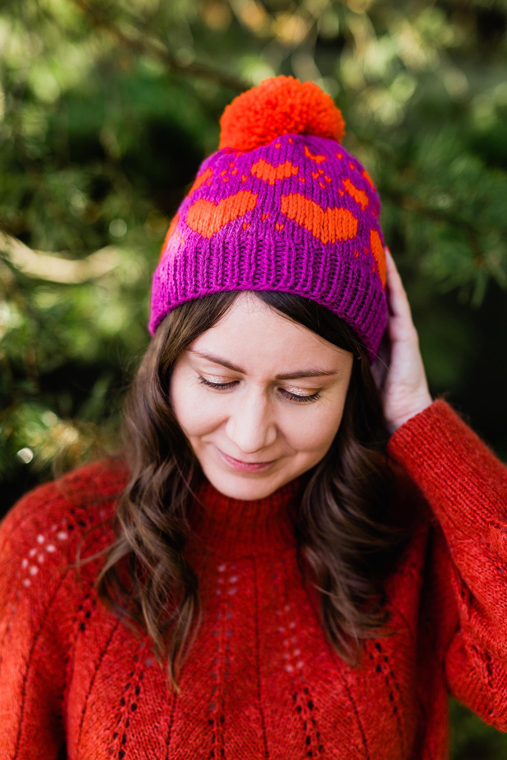 A colorwork hat with a heart motif