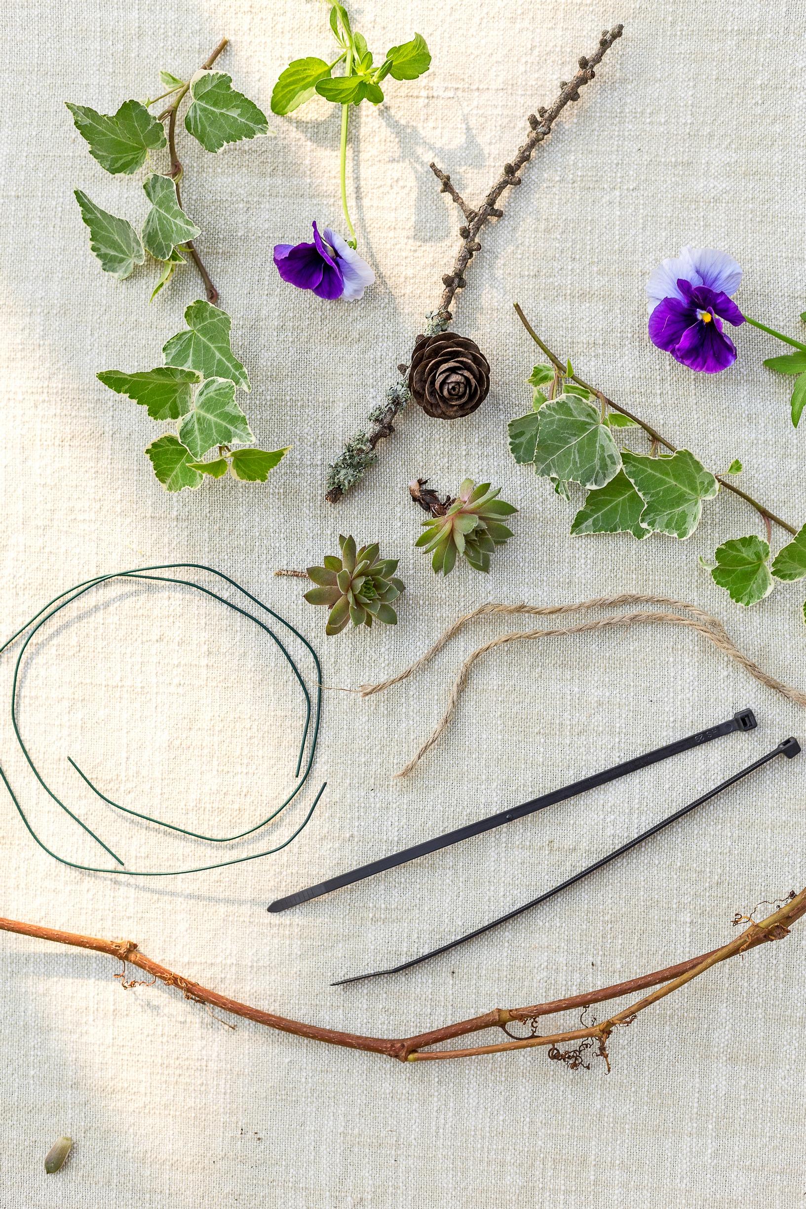 Supplies for a pansy wreath