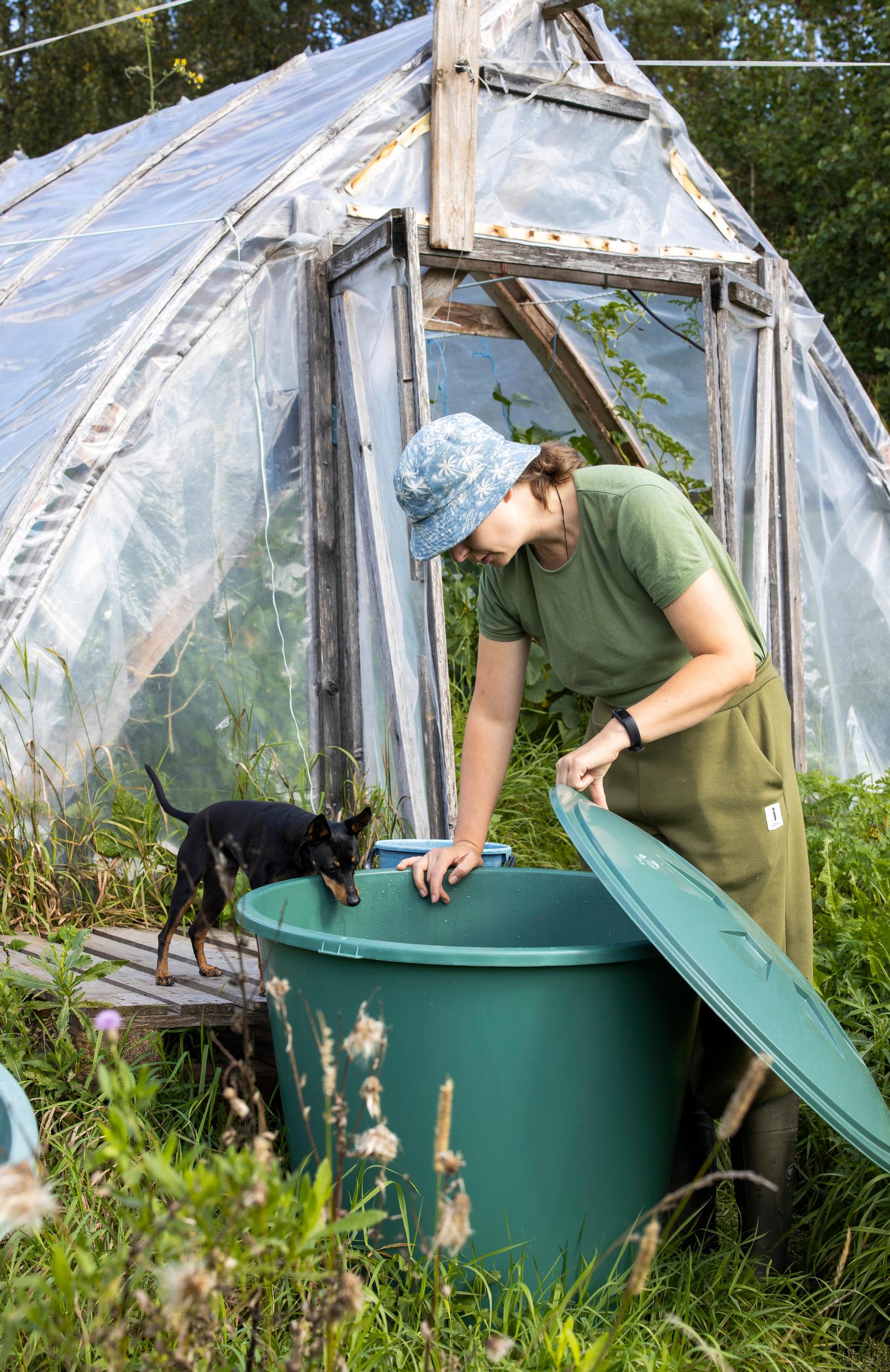 Jonna Kumpulainen, a dog, and a rainwater bucket