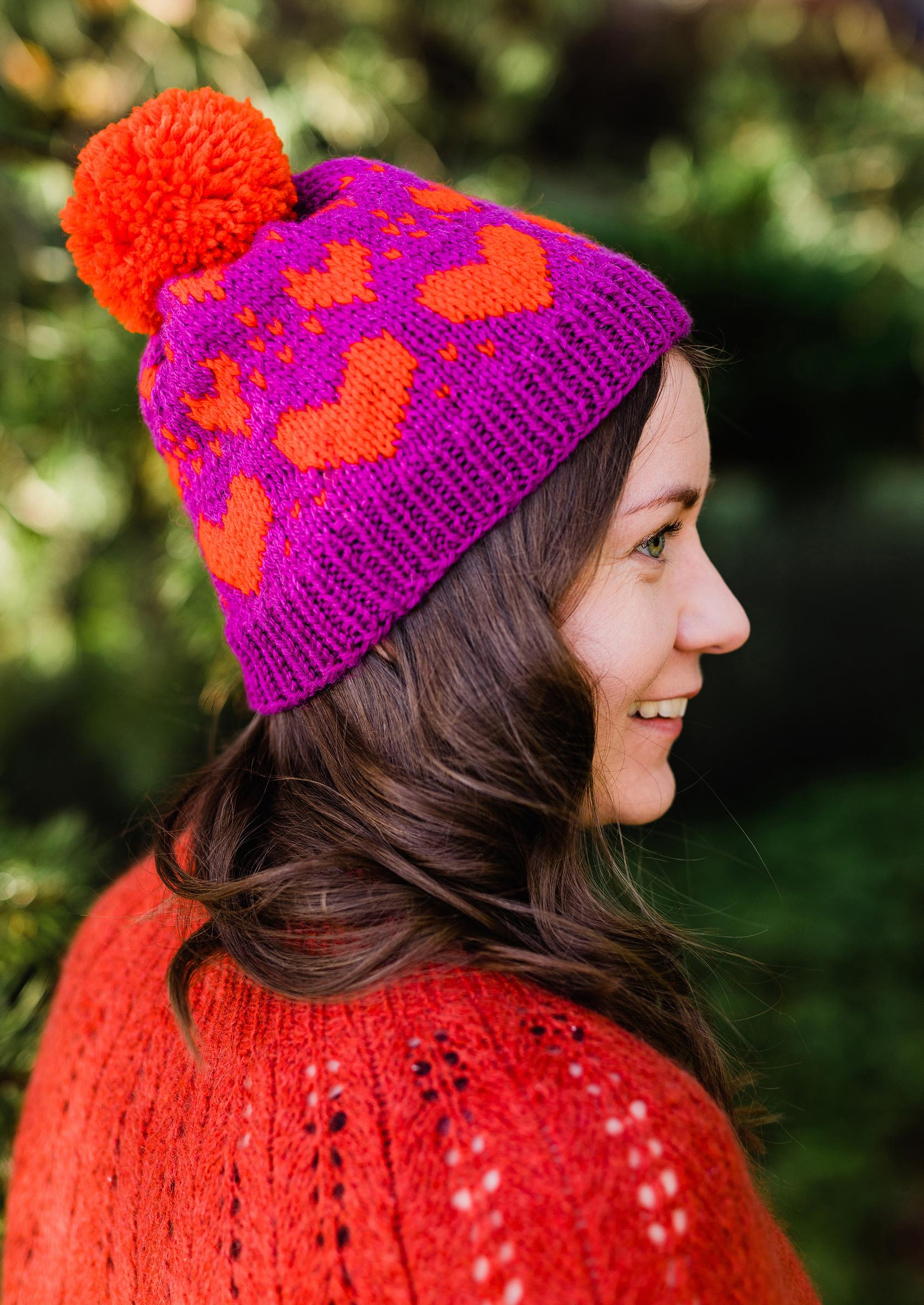 A colorwork heart beanie