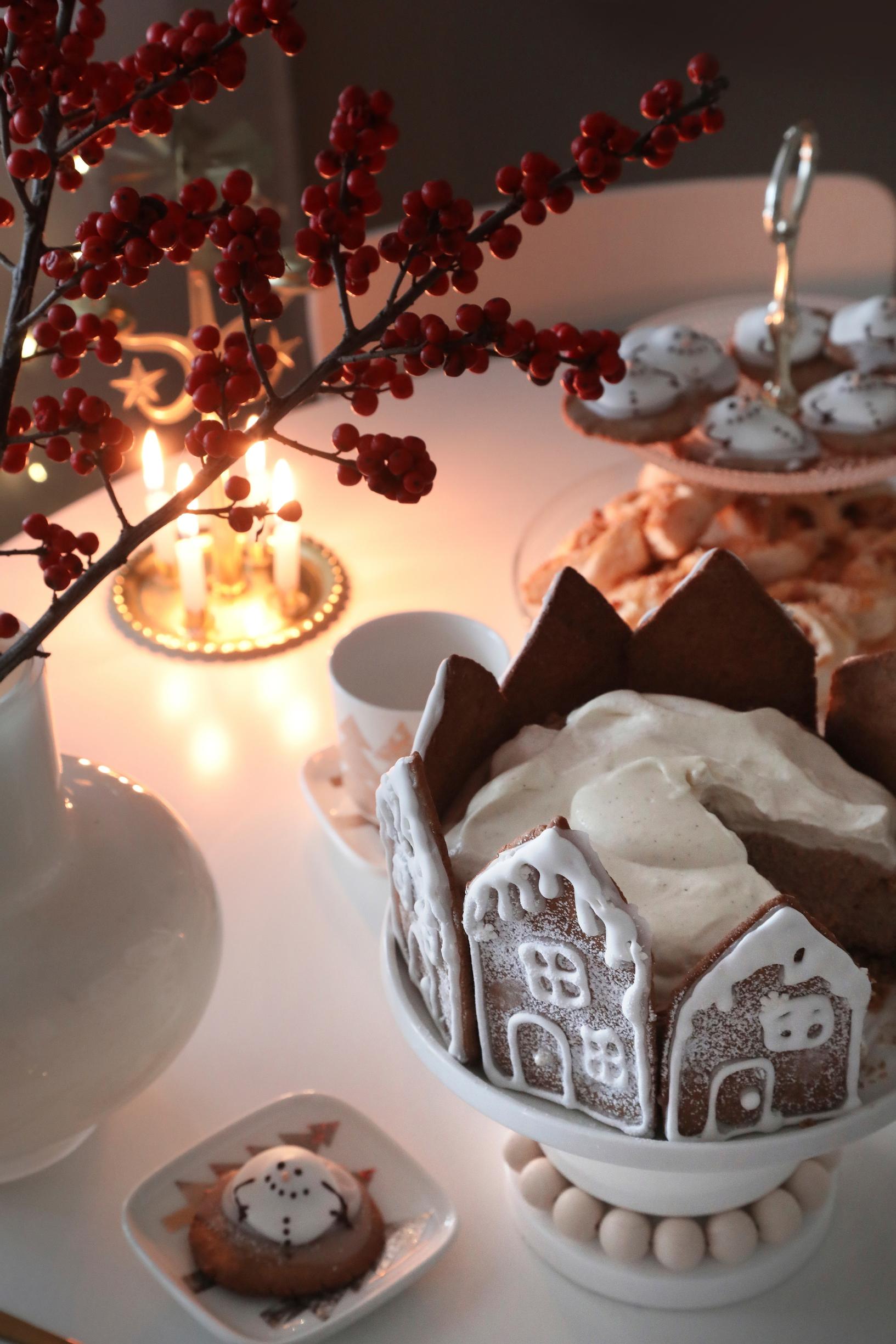 A Christmas cake decorated with gingerbread