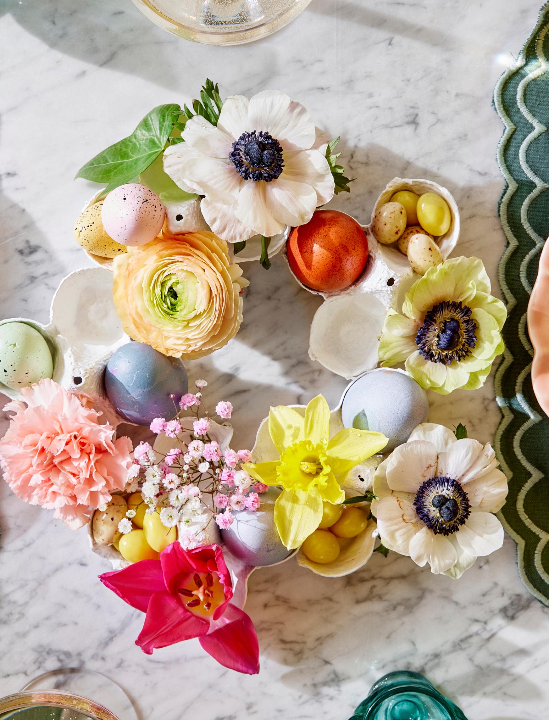 A table decoration made of egg cartons