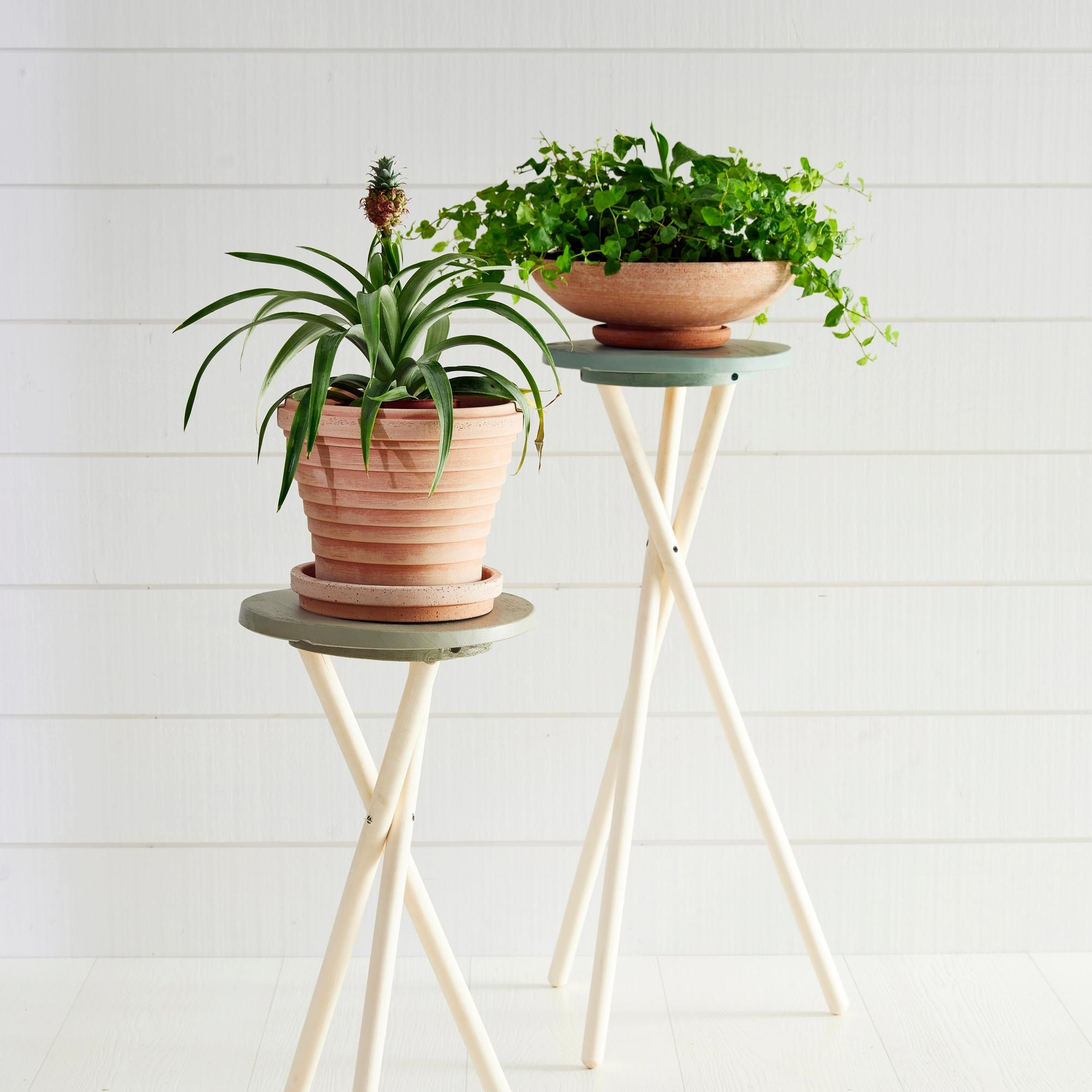Compact DIY plant stand from broom handles and cutting board—check out our easy instructions!